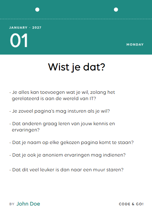 Een voorbeeldpagina van de kalender met de plek waar je naam komt